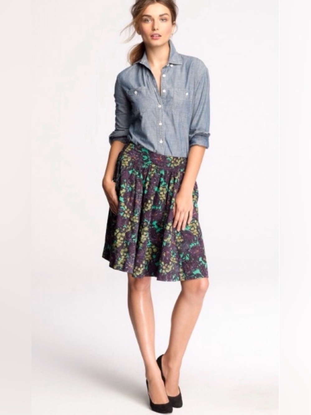 J. Crew Elsie Skirt in Midnight Floral Size 0 Purple Green Midi